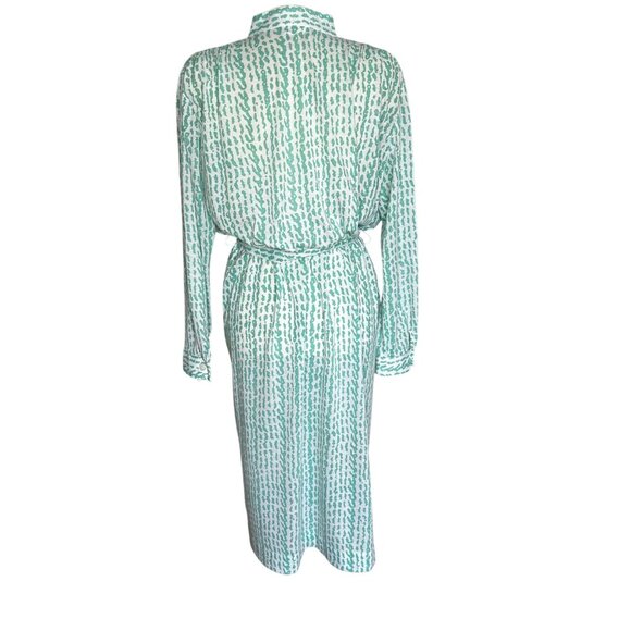 Vintage 70s Serbin Seafoam Green Abstract Print Belted Dress Long Sleeve Sz 16 - Picture 5 of 9
